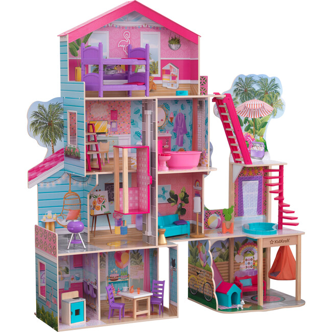 Pool Party Mansion Wooden Dollhouse with Lights and Sounds, 26 Accessories