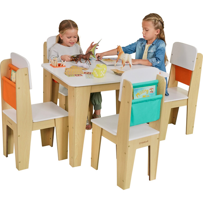 Wooden Pocket Storage Table and 4 Chair Furniture Set – Natural