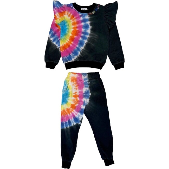 Rainbow Tie-Dye Ruffle Sweatshirt And Pant Set, Black