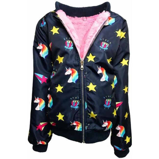 Unicorn Candy Plush Bomber Jacket, Navy - Jackets - 1