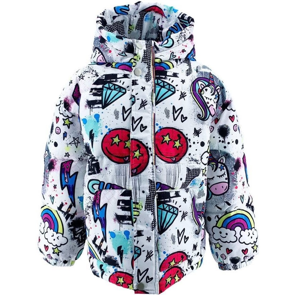 Unicorn Graffiti Puffer Jacket, White - Jackets - 1