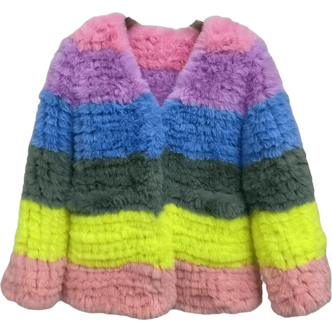 Rainbow Candy Striped Faux Fur Jacket, Multicolors