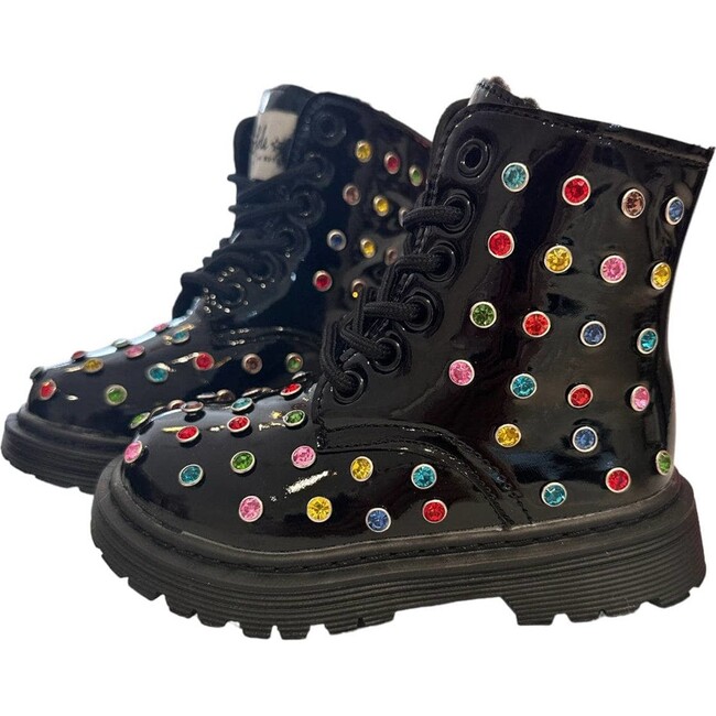 Rainbow Crystal Faux Fur Lined High-Top Boots, Black