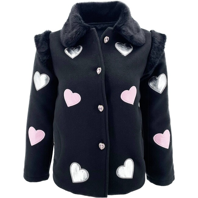 Patch Hearts Faux Fur Collar Jacket, Black