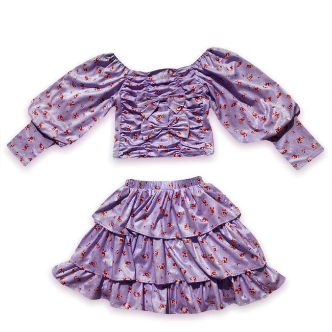 Hamptons Floral Silky Top And Skirt Set, Lavender