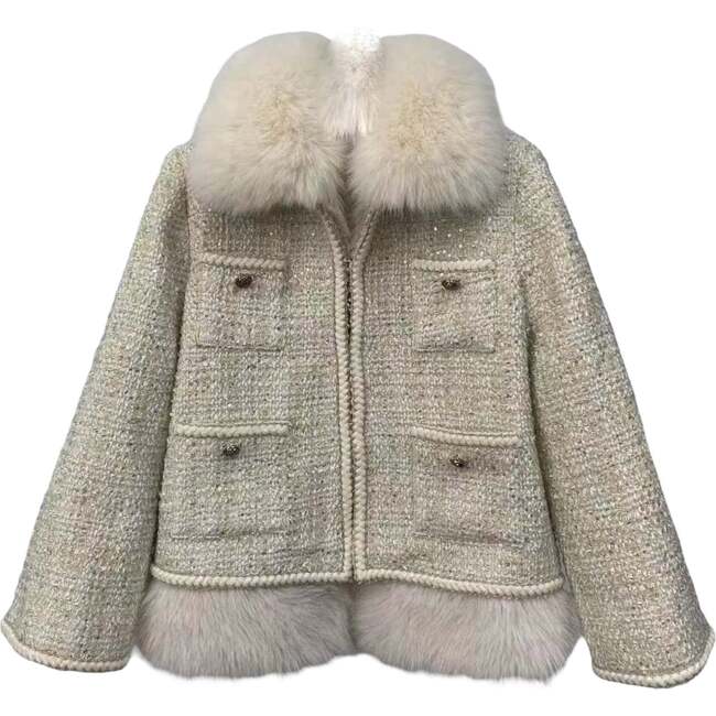 Snow White Tweed Faux Fur Coat, Cream
