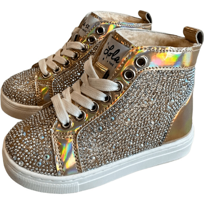 Crystal Hologram Sparking High-Top Sneakers, Gold