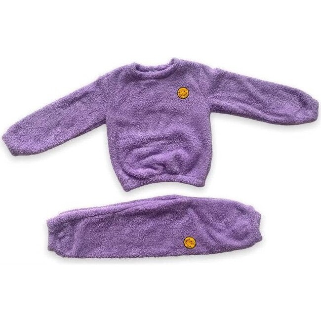 Bright Smiley Fuzzy Sweatshirt And Pant Set, Lavender