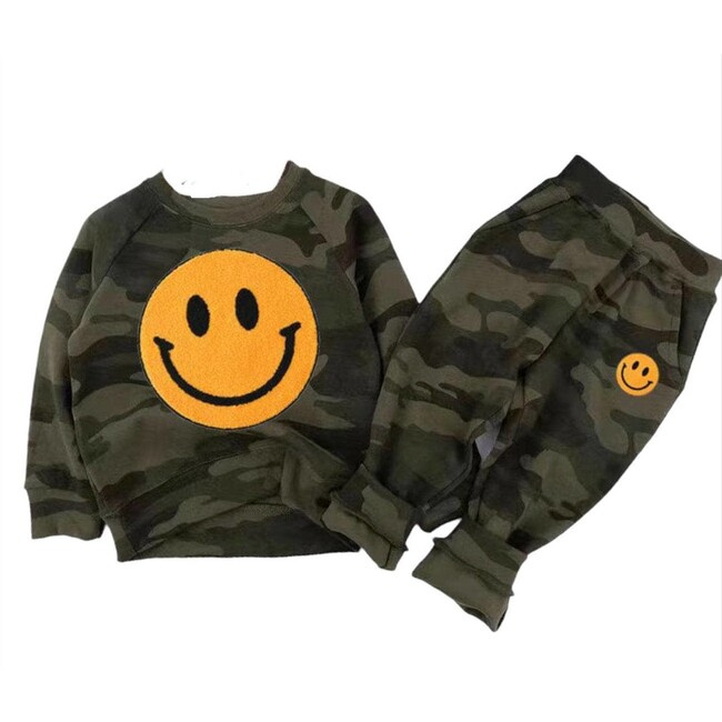 Camo Emoji Smiley Sweatshirt And Pant Track Set, Green