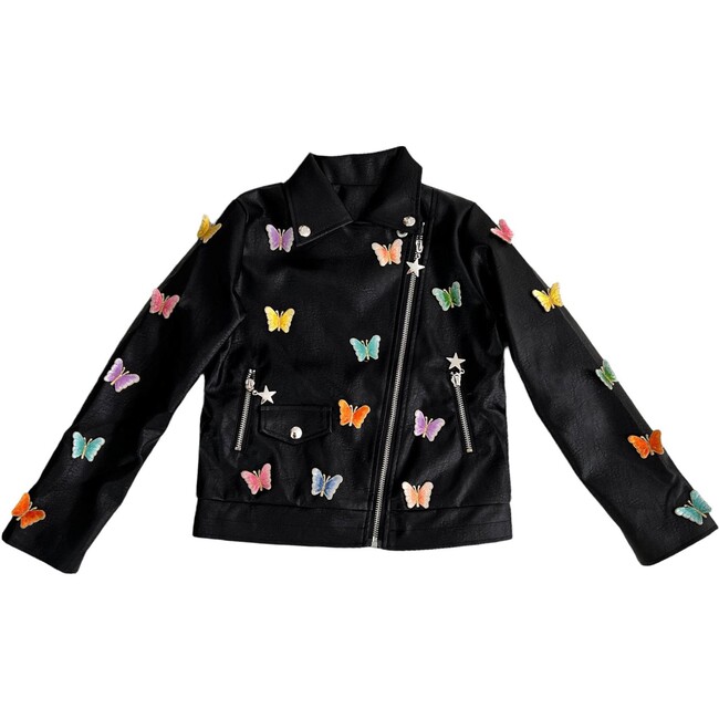 3D Butterfly Vegan Moto Jacket, Black