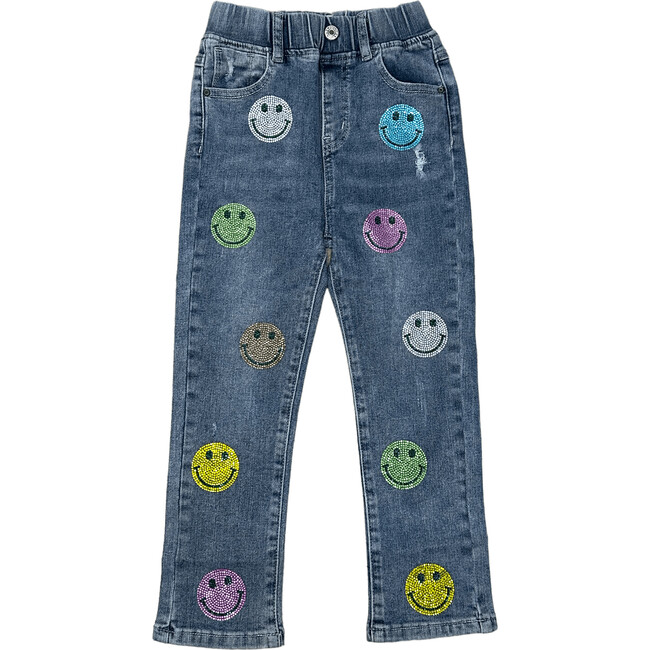 All-Over Crystal Emoji Patche Skinny Jeans, Light Denim