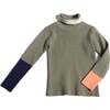 Patchwork Ribbed Turtleneck, Sage Mix - Shirts - 1 - thumbnail