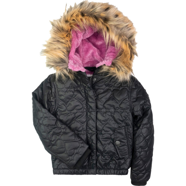 Wilderness Lion-Esque Detachable Faux Fur Hood Heart-Quilt Jacket, Black