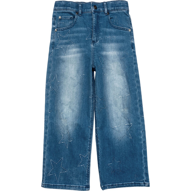 Liana Star-Stitched Wide-Leg Jean, Light Blue Denim