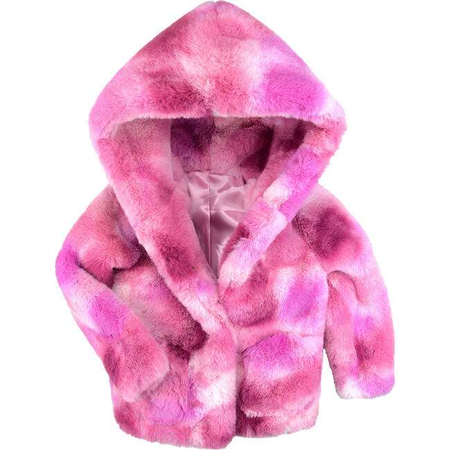 Cleo Hooded Faux Fur Camo Coat, Pink Fizz