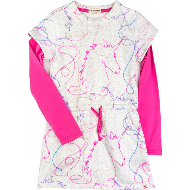 Jess Spray Unicorn Print Dress, Off-White And Cozy Pink
