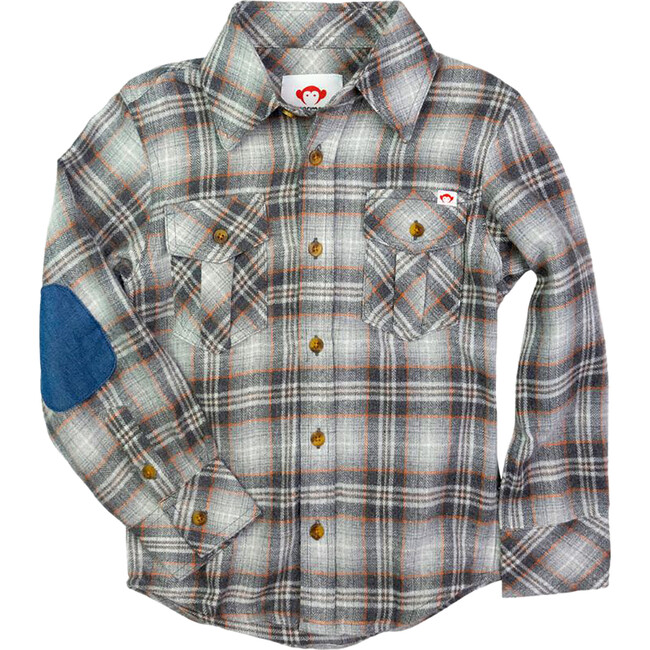 Flannel Elbow Patch Plaid Shirt, Grey And Orange