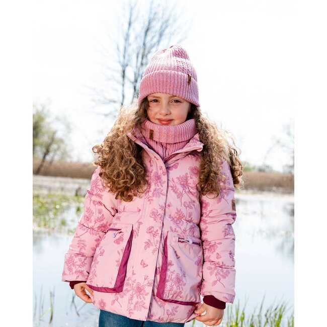 Vintage Floral Print Faux Fur Hooded Puffy Jacket, Pink - Jackets - 2