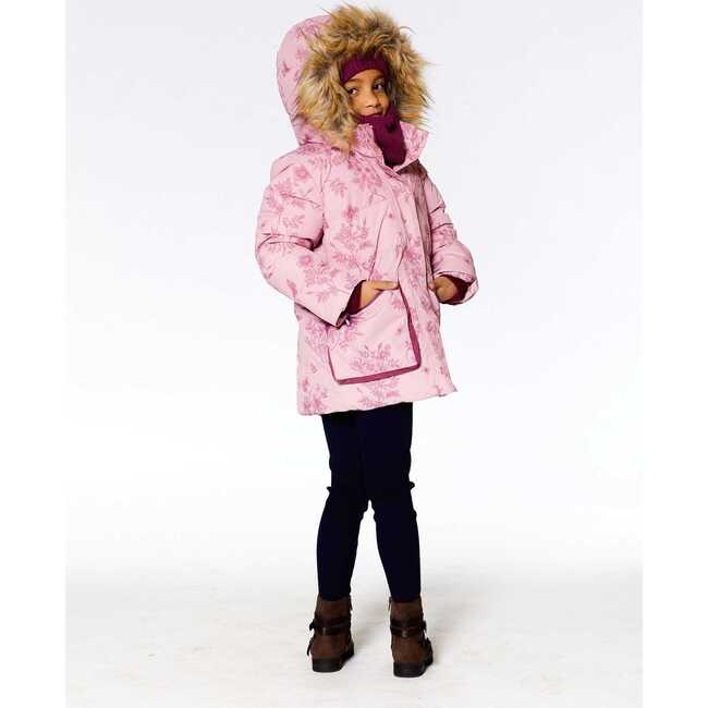 Vintage Floral Print Faux Fur Hooded Puffy Jacket, Pink - Jackets - 3