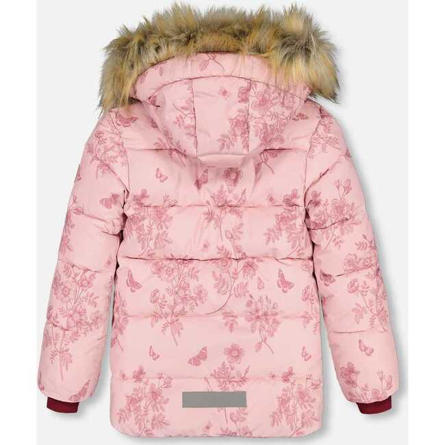 Vintage Floral Print Faux Fur Hooded Puffy Jacket, Pink - Jackets - 4