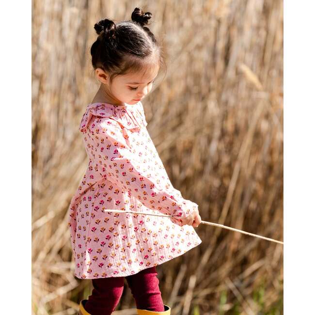 Tulip Print Ruffle Collar Muslin Blouse, Pinky
