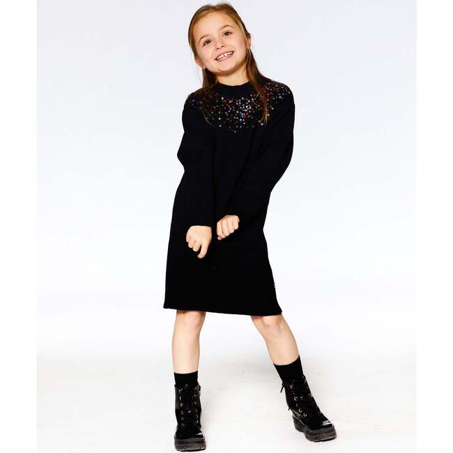 Round-The-Neck Sequins Knit Dress, Black - Dresses - 2