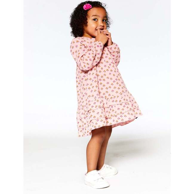 Tulip Print Muslin Long Sleeve Frilled Dress, Pinky - Dresses - 2