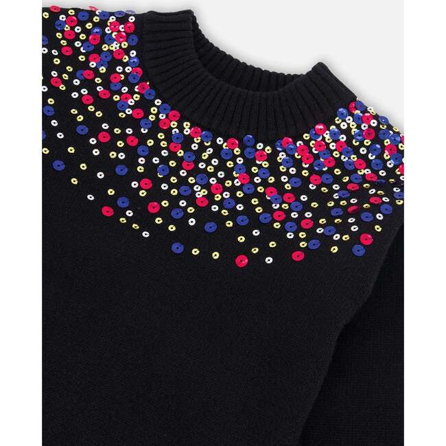 Round-The-Neck Sequins Knit Dress, Black - Dresses - 4