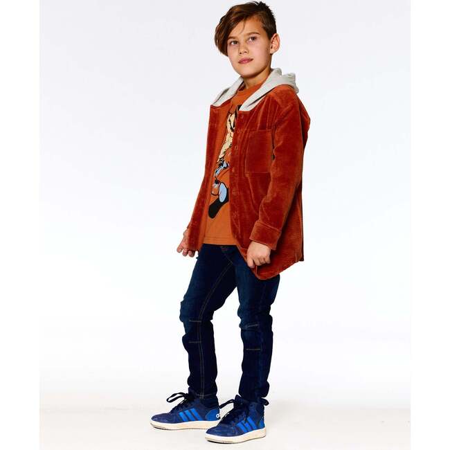 Ribbed Velvet Oversized Hooded Shirt, Burnt Orange - Jackets - 3