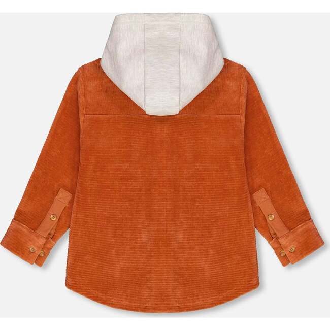 Ribbed Velvet Oversized Hooded Shirt, Burnt Orange - Jackets - 4