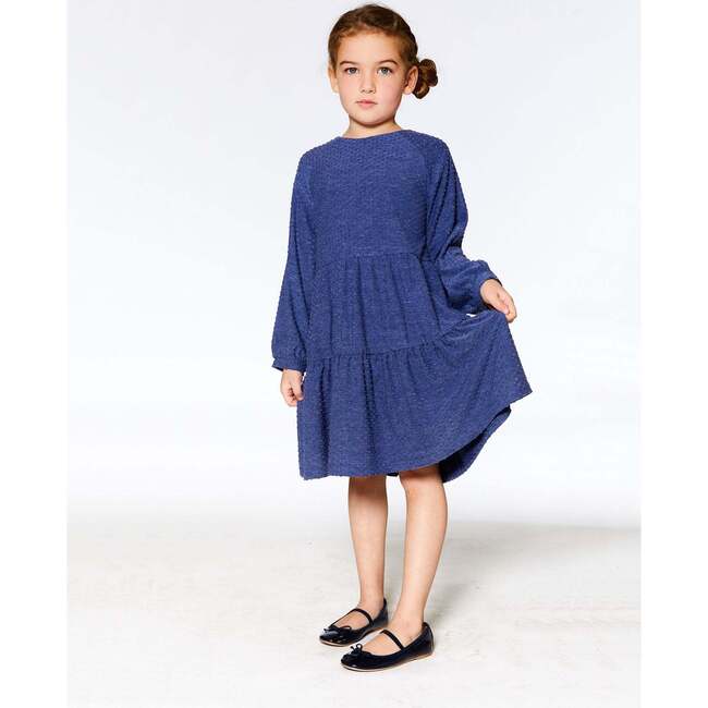 Long Sleeve Peasant Swiss Dot Denim Dress, Blue - Dresses - 2