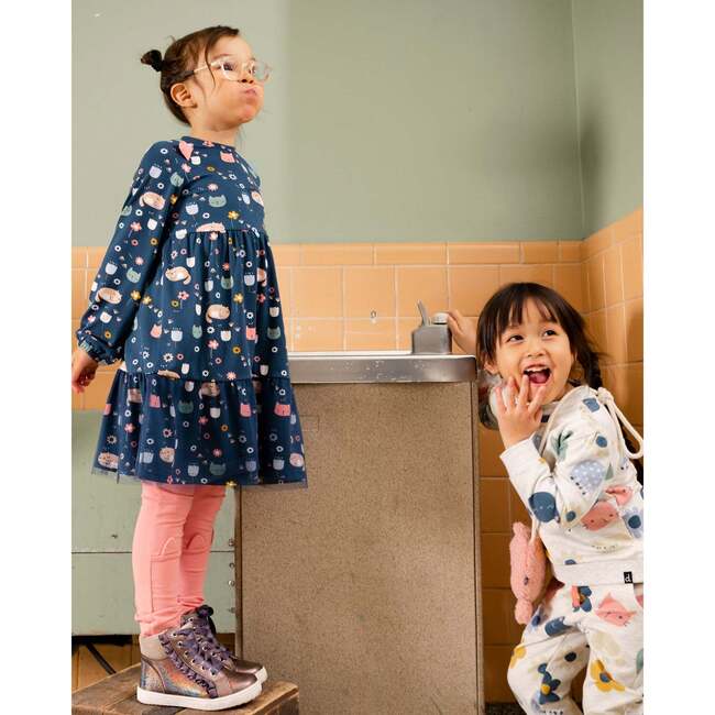 Sleepy Cats Print Drop Shoulder Mesh Frill Dress, Navy - Dresses - 2