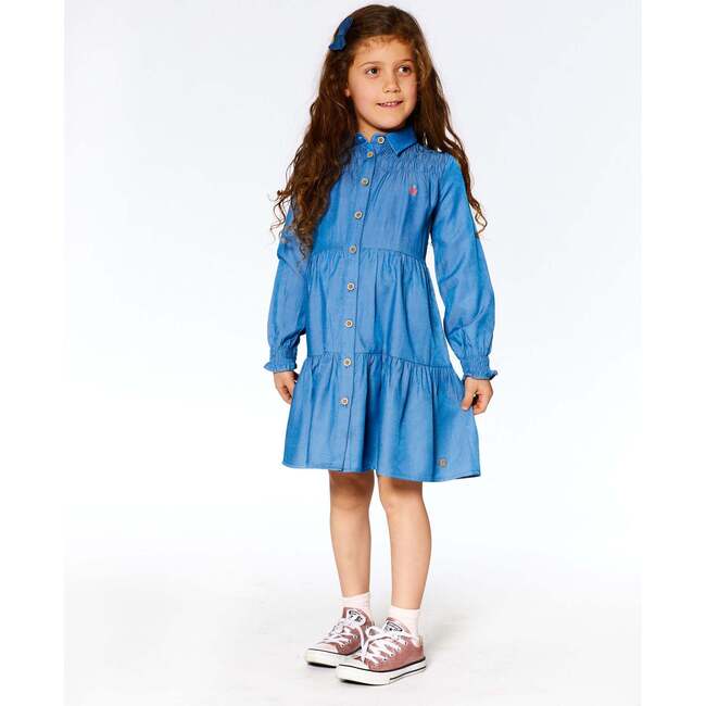 Long Sleeve Chambray Peasant Denim Dress, Blue - Dresses - 2