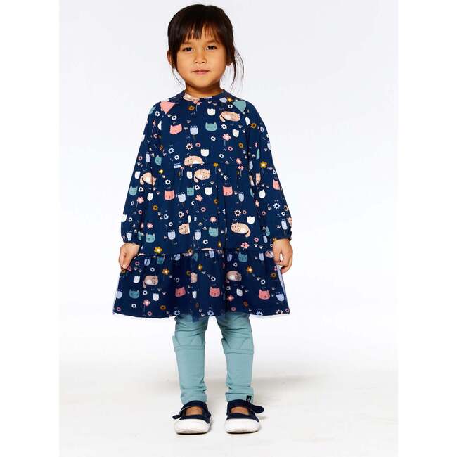 Sleepy Cats Print Drop Shoulder Mesh Frill Dress, Navy - Dresses - 3