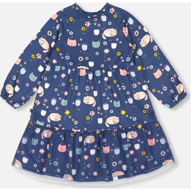 Sleepy Cats Print Drop Shoulder Mesh Frill Dress, Navy - Dresses - 4