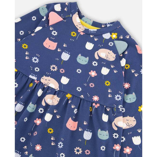 Sleepy Cats Print Drop Shoulder Mesh Frill Dress, Navy - Dresses - 5