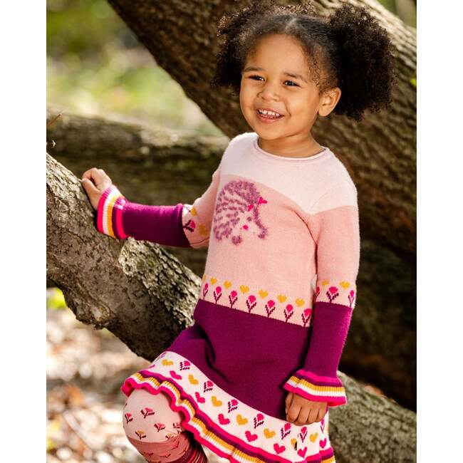 Hedgehog Intarsia Color-Block Knit Sweater Dress, Powder Pink - Dresses - 2