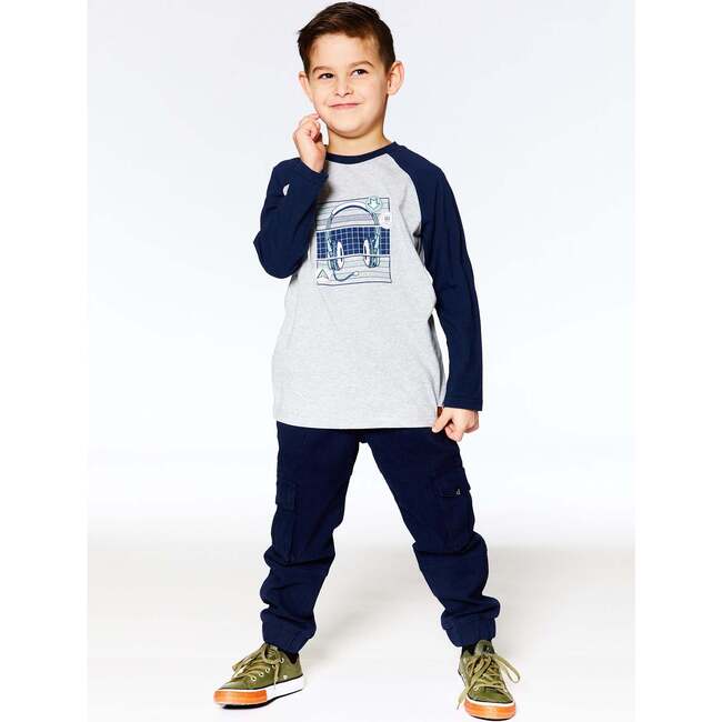 Headphone Print Raglan Sleeve Jersey T-Shirt, Grey Mix & Navy - T-Shirts - 3