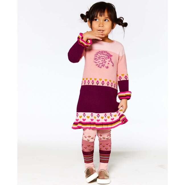 Hedgehog Intarsia Color-Block Knit Sweater Dress, Powder Pink - Dresses - 3
