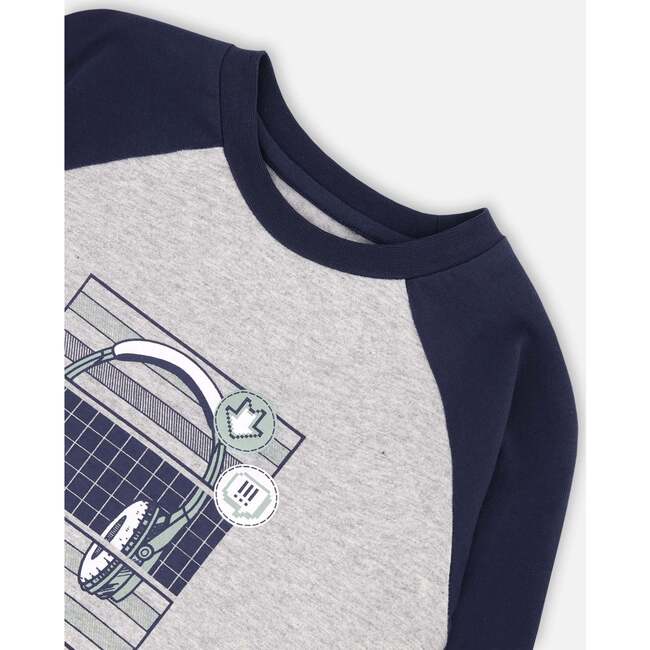 Headphone Print Raglan Sleeve Jersey T-Shirt, Grey Mix & Navy - T-Shirts - 5