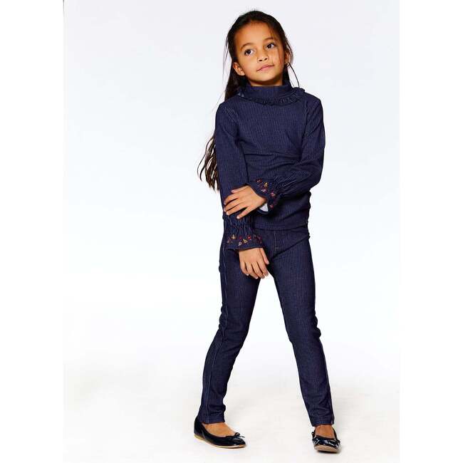 Fluid Ribbed Fabric Mock Neck Long Sleeve Denim Top, Blue - T-Shirts - 2