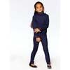 Fluid Ribbed Fabric Mock Neck Long Sleeve Denim Top, Blue - T-Shirts - 2
