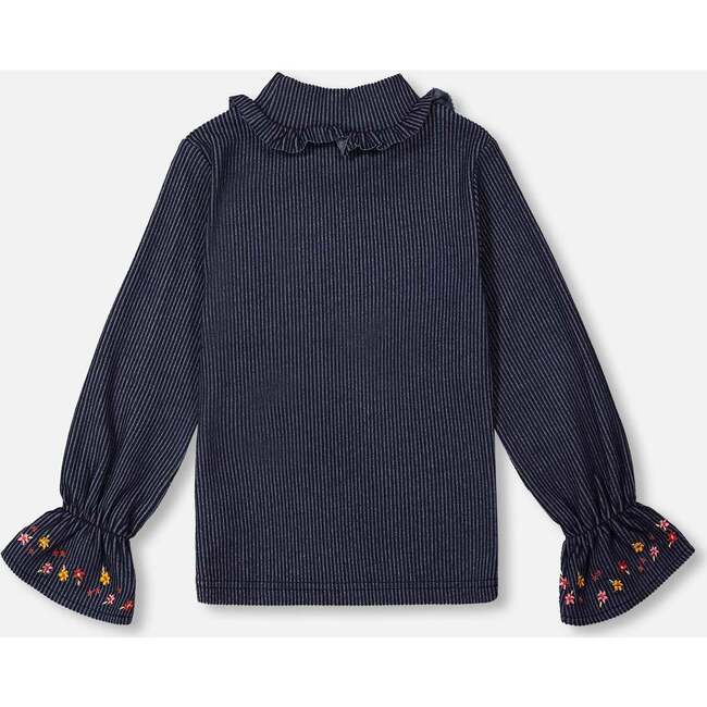 Fluid Ribbed Fabric Mock Neck Long Sleeve Denim Top, Blue - T-Shirts - 3