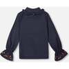 Fluid Ribbed Fabric Mock Neck Long Sleeve Denim Top, Blue - T-Shirts - 3