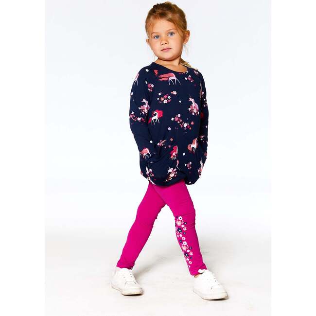 Flowery Unicorn Print Long Sleeve Jersey Tunic, Navy - Tunics - 3