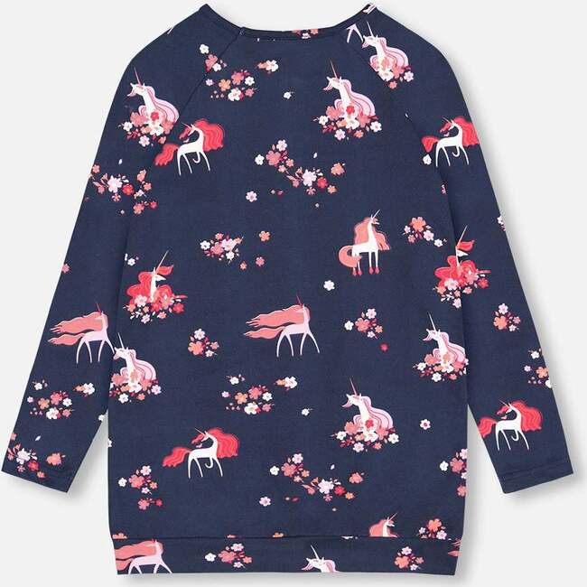 Flowery Unicorn Print Long Sleeve Jersey Tunic, Navy - Tunics - 4