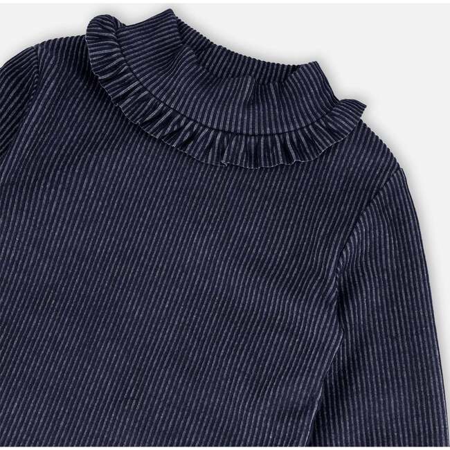 Fluid Ribbed Fabric Mock Neck Long Sleeve Denim Top, Blue - T-Shirts - 4