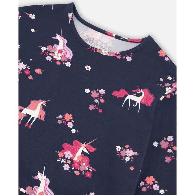 Flowery Unicorn Print Brushed Jersey Long Sleeve Dress, Navy - Dresses - 4