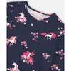 Flowery Unicorn Print Brushed Jersey Long Sleeve Dress, Navy - Dresses - 4