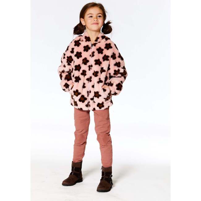 Floral Print Faux Fur Hooded Jacket, Pink & Brown - Jackets - 2